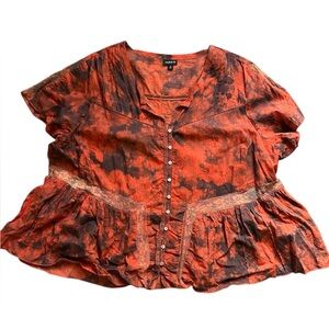 Torrid lace trim button up peasant cotton gauze blouse tie dye EUC 3X